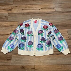 Queen of Sparkles Striped Hibiscus Cardigan Sweater SZ Medium Blue White Floral